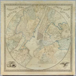 Sidneys Map Twelve Miles Around New York, litografia de Norman Friend (fl.1850-1871), impressa por John Henry Camp (1822-1881), 1849 (cromolitógrafo)